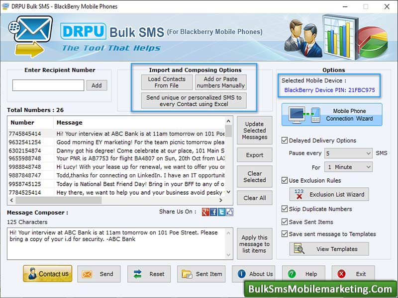 Screenshot of Bulk SMS Marketing Software Blackberry 8.3.8.1