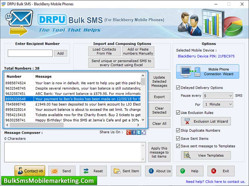 Screenshot of Blackberry Bulk SMS Marketing Software