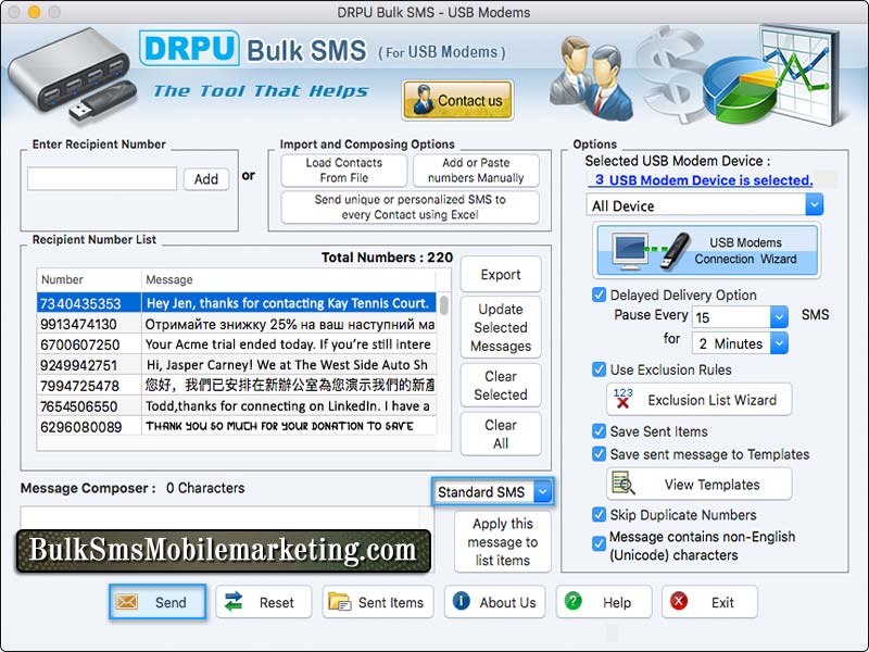 Screenshot of Bulk SMS Modem Marketing Mac 8.3.6.8