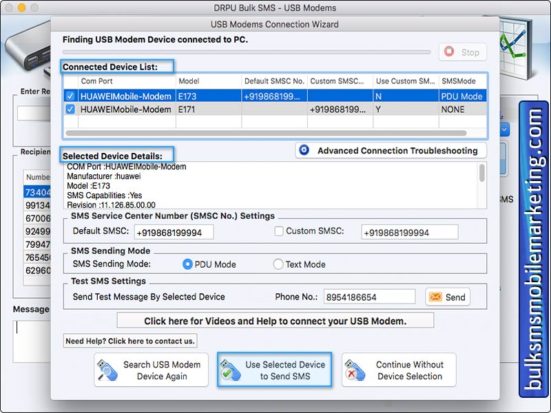 Screenshot of Mac Bulk SMS USB Modem